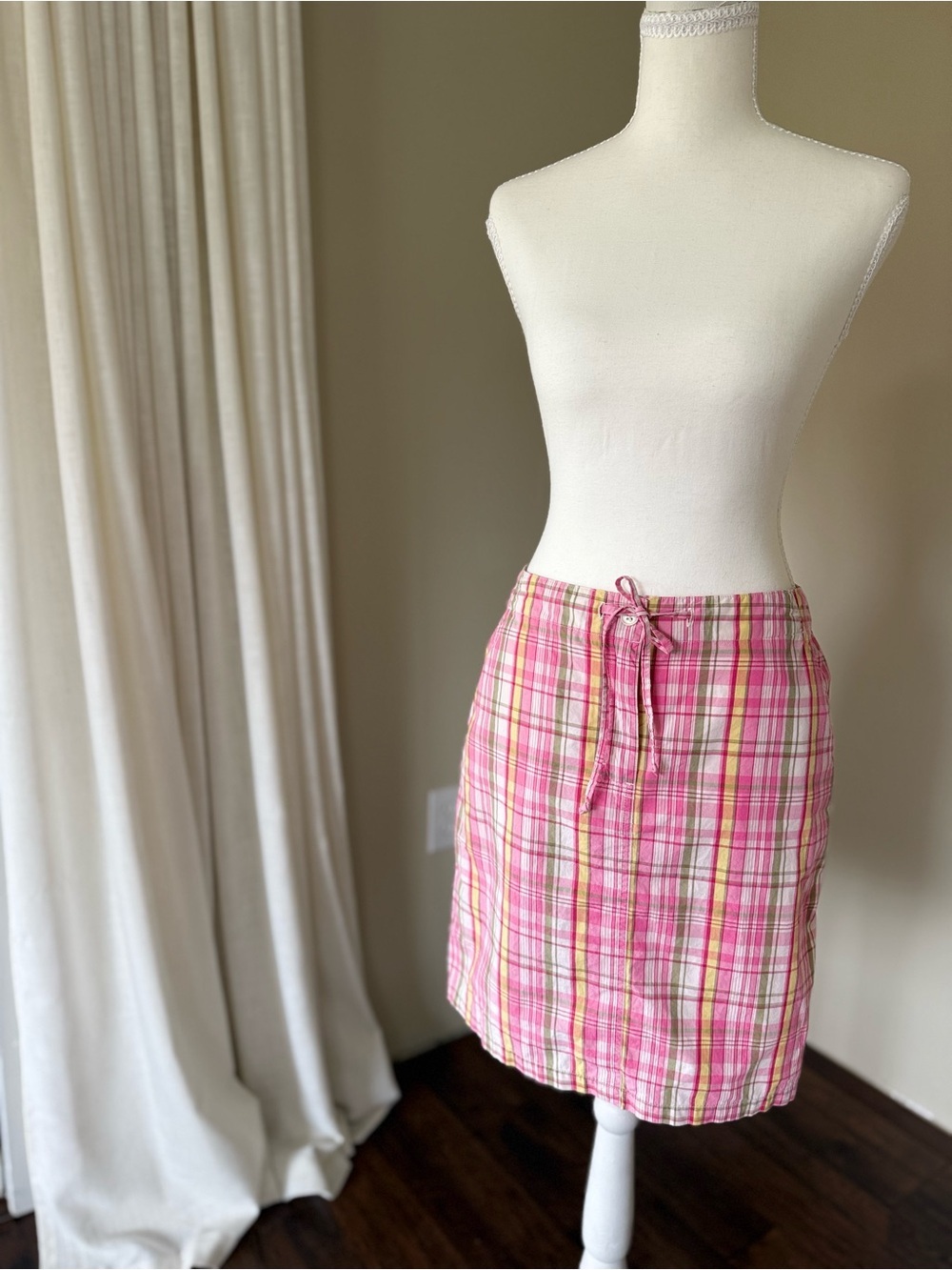Vintage The Limited Y2K Pink & Green Plaid Tie-Waist Cotton Skirt Stripes Size 4 - Picture 2 of 7